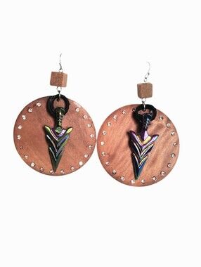 New Handmade Iridescent Arrow Drop Pierced Earrings On Wood Discs Lightweight